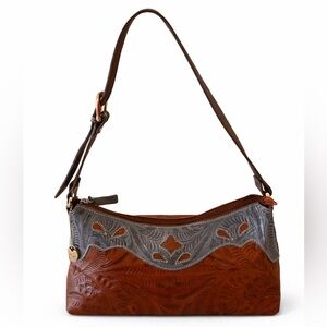 American West Brown and Blue Western Tooled Leather Shoulder Bag